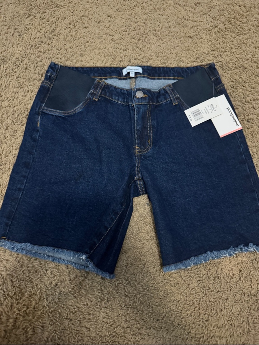 NWT Motherhood Maternity Dark Wash Denim Bermuda Shorts with Frayed Hem